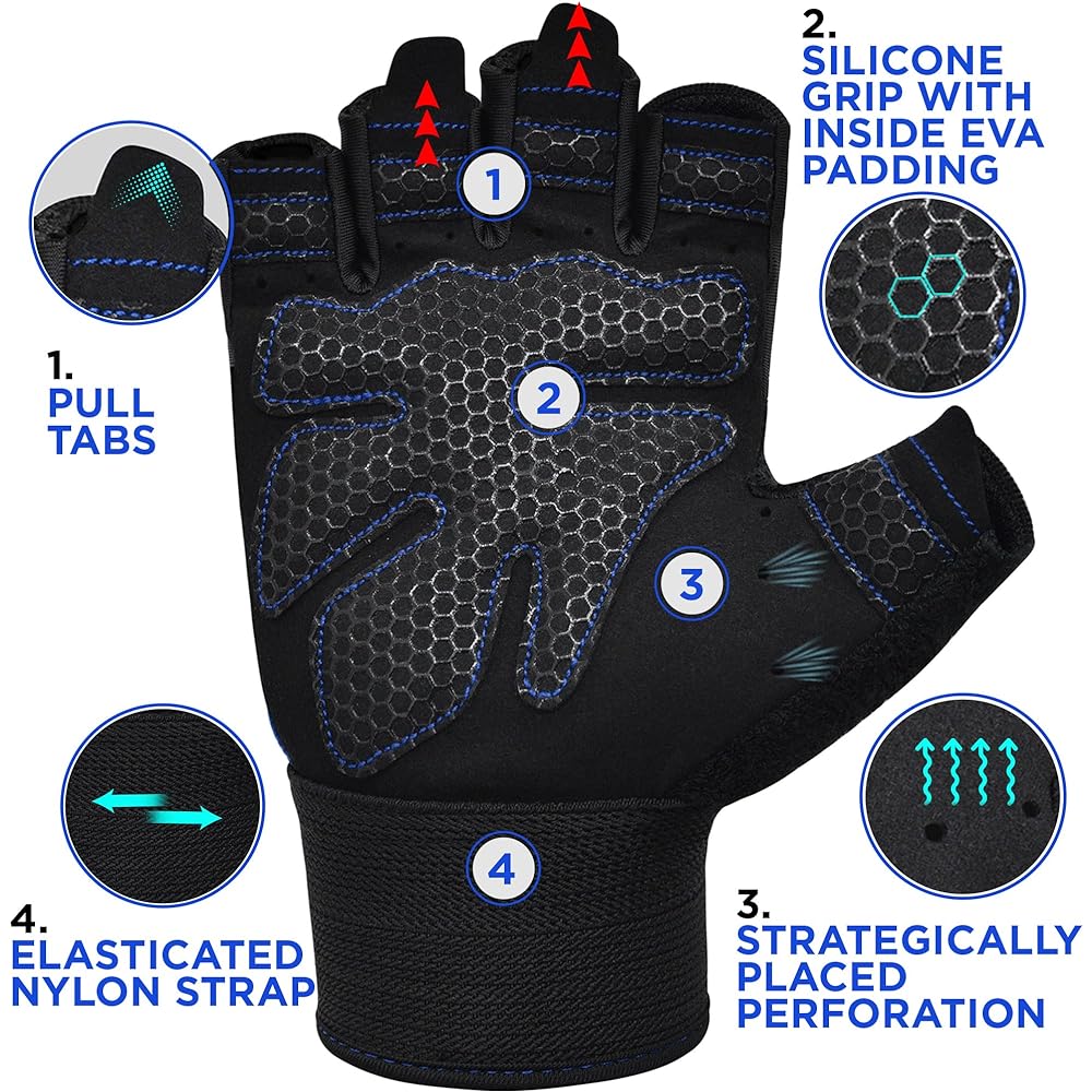 RDX Weightlifting Gloves Gym Fitness Workout with Anti-Slip Pad Full Palm Protection Ultra Breathable Bodybuilding Strength Training HIIT WOD Exercise Half Finger Men Women Cycling Rowing Climbing (Blue, Small)