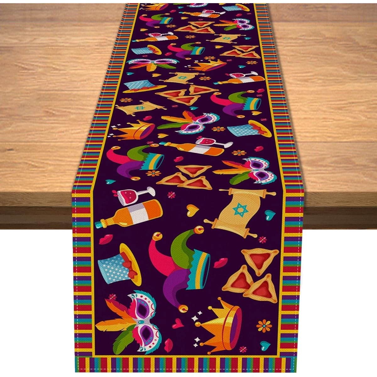 Vohado Happy Purim Table Runner Jewish Holiday Carnival Party Circus Crown Table Cover Hammantashen Hat Mask Glagger Tablecloth Linen Indoor Outdoor Birthday Holiday Party Table Decor