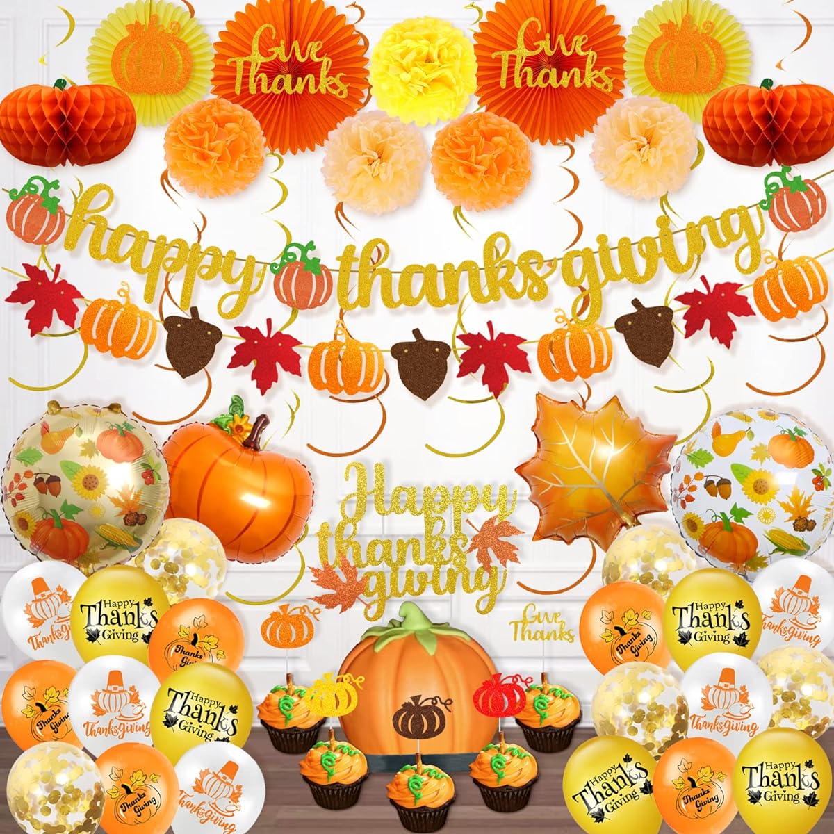 Hombae Thanksgiving Party Decorations Fall Pumpkin Supplies Happy Thanksgiving Fun Pom Poms Hanging Swirls Leaves Banner Balloons Cake Cupcake Toppers