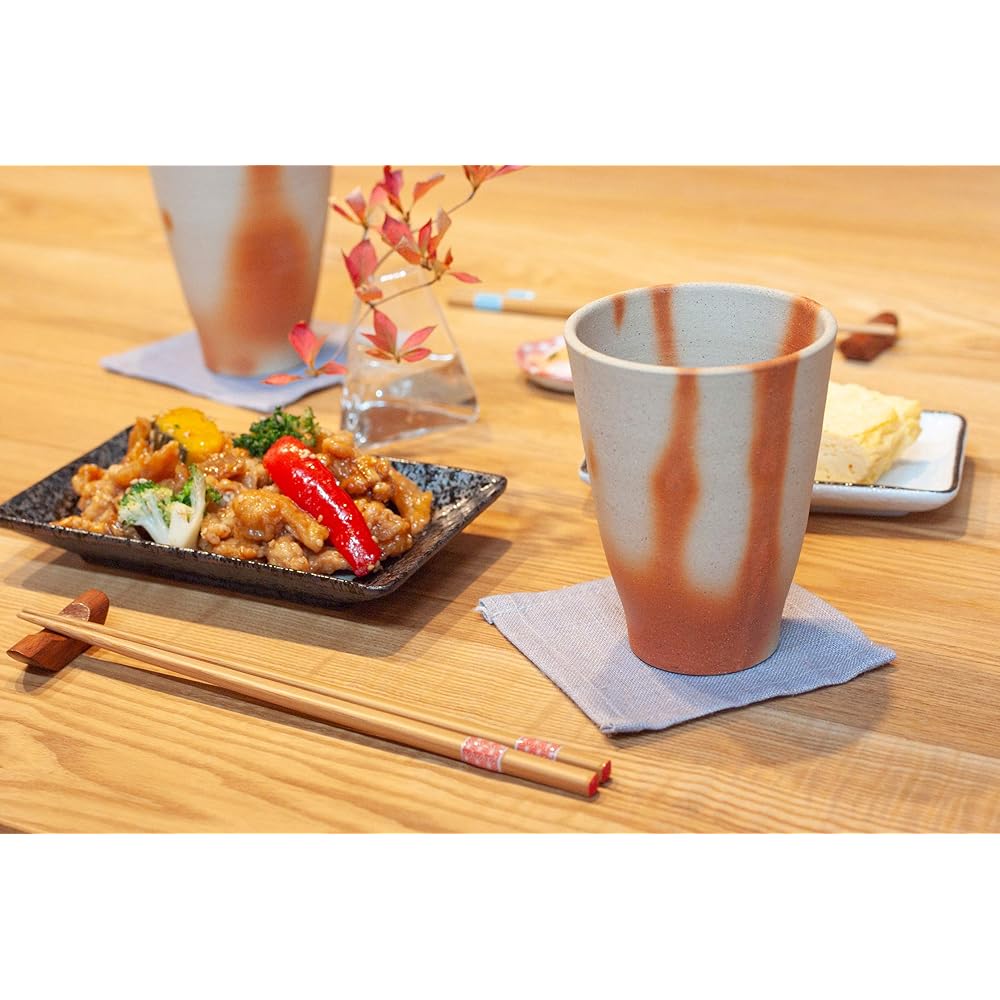 Bizen Ware Mugen Kobo Beer Glass Wide Mouth Pair Set Scarlet