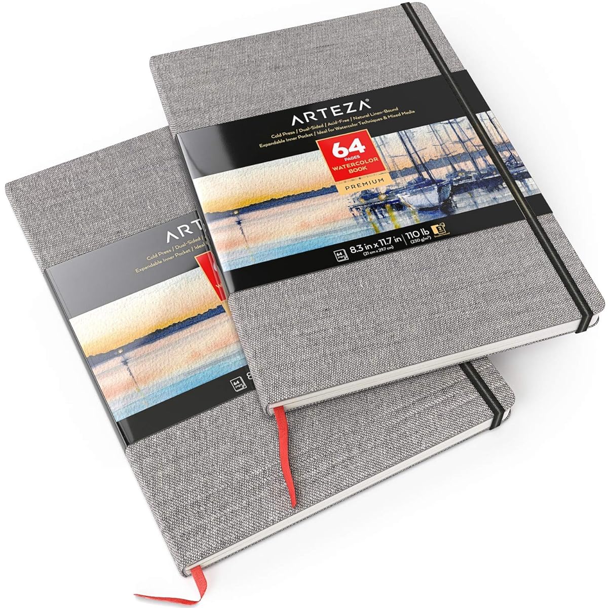 ARTEZA 8.3x11.7" Watercolor Book, 2-Pack Watercolor Sketchbooks, 64 Pages Total, 110lb/230gsm, Linen Binding with Bookmark Ribbon and Elastic Straps, for Watercolor and Mixed Media