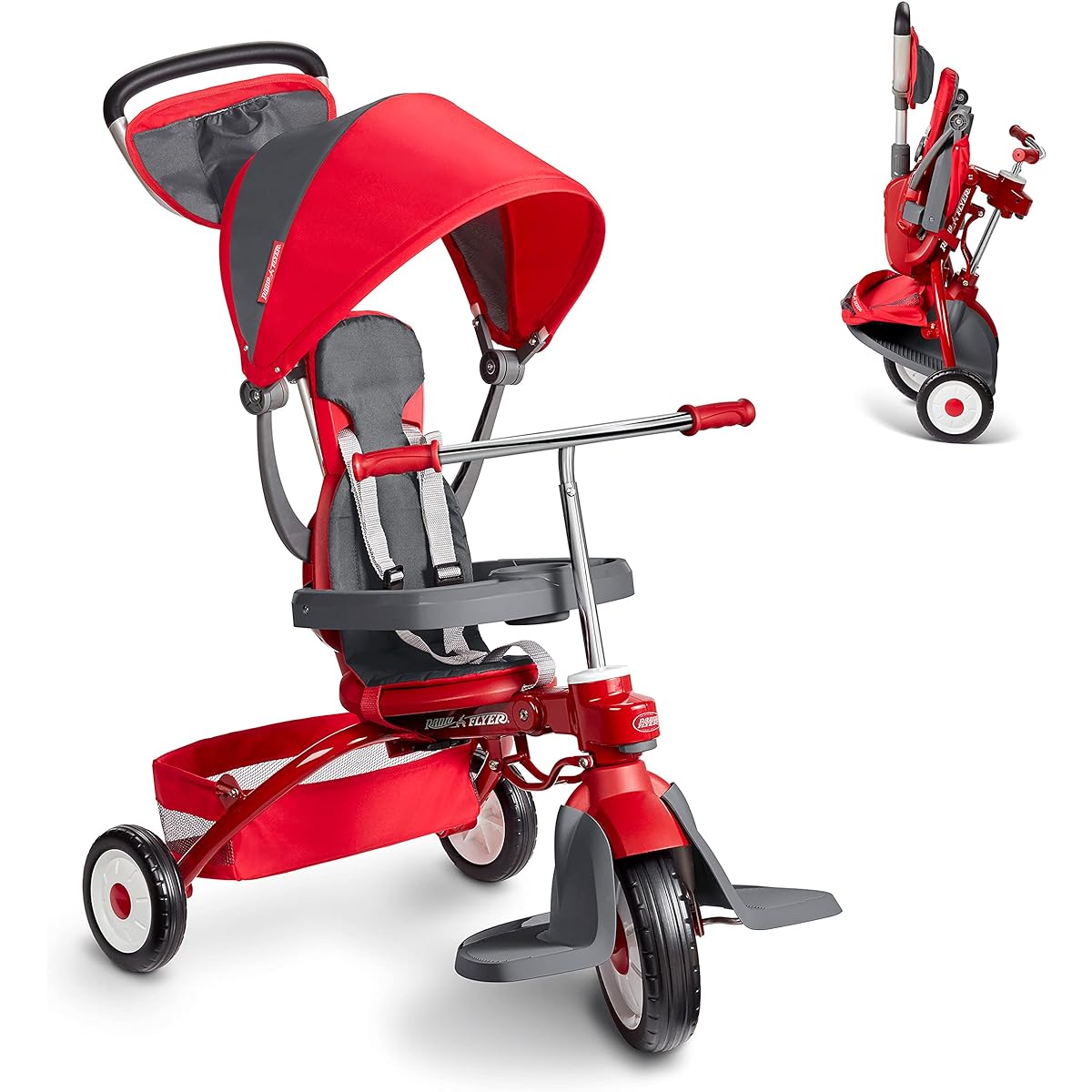 Radio Flyer Deluxe EZ Fold 4-in-1 Stroll 'N Trike, Red Tricycle, Toddler Bike