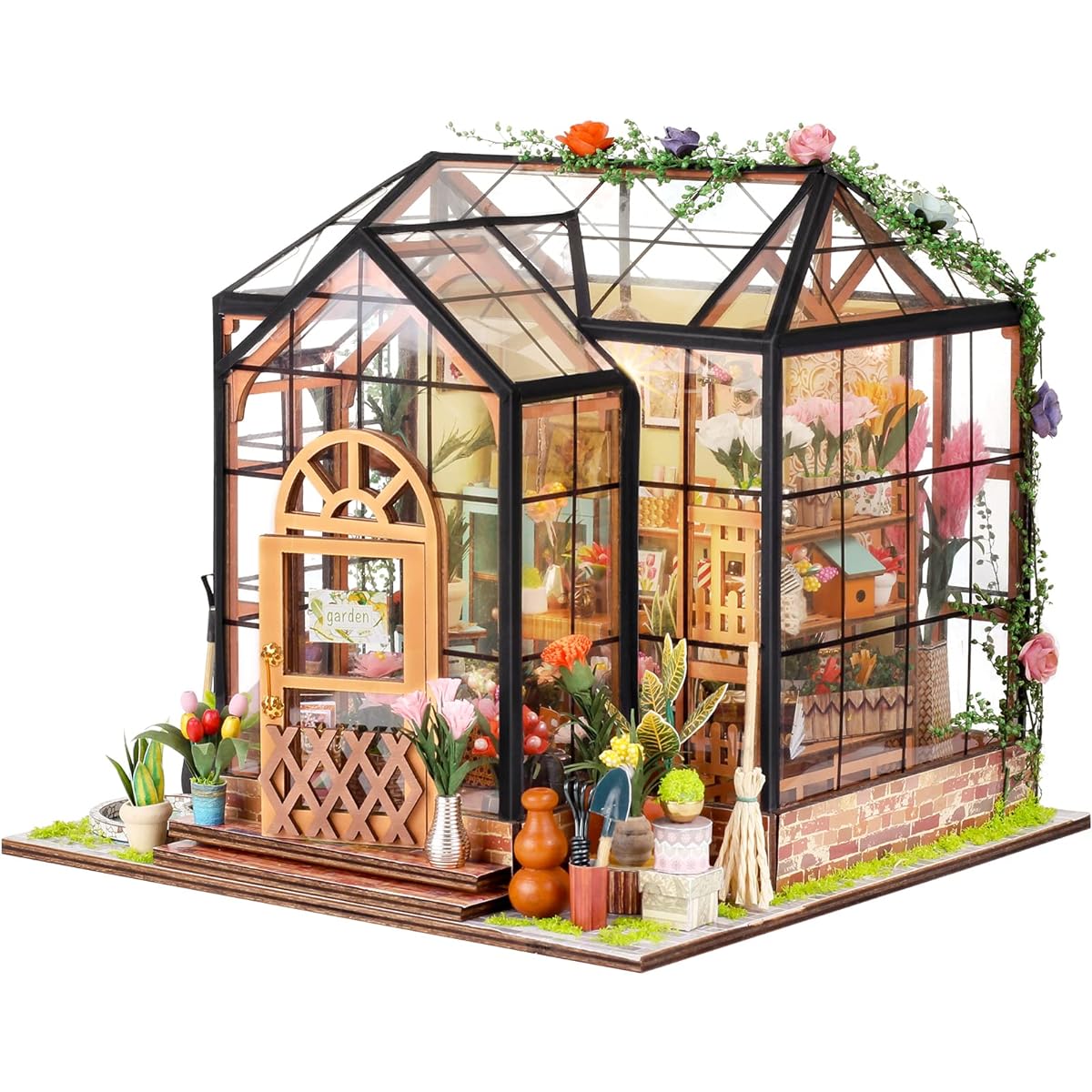 DIY Miniature House Kit Small House Kit with Mini Furniture 1:24 Scale 3D Model Green House Wooden Dollhouse Kit for Women Friends Girls Boys Birthday Gift