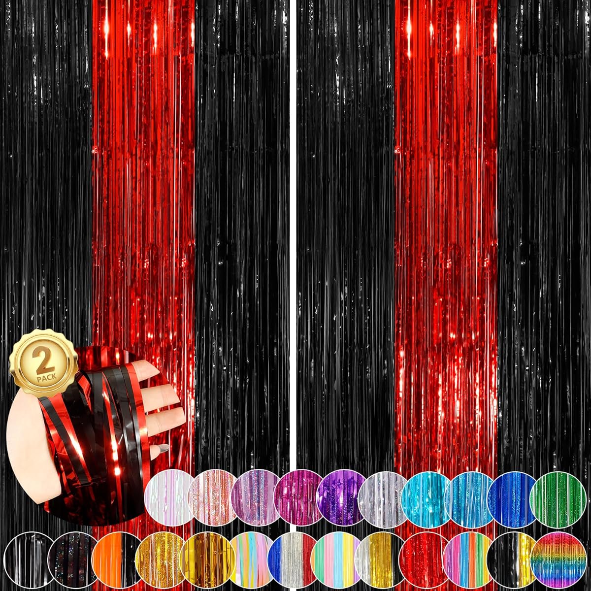 Black Red Fringe Curtains Party Streamers 2 Pack 3.3x8.3ft Foil Fringe Backdrop Curtains for Birthday Wedding Bridal Baby Shower Holiday Tinsel Streamers Black Party Decorations Door Streamers