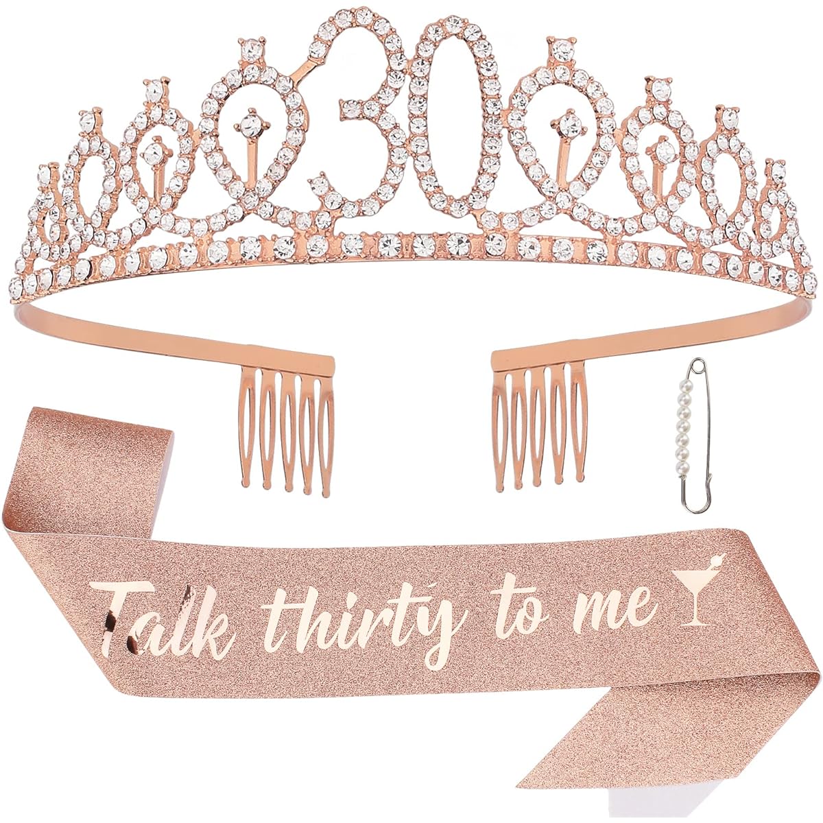 30th Birthday Sash & Rhinestone Tiara Kit - Happy 30th Birthday Gifts for Women, 30th Birthday Party Decorations
