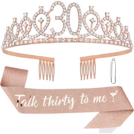 30th Birthday Sash & Rhinestone Tiara Kit - Happy 30th Birthday Gifts for Women, 30th Birthday Party Decorations