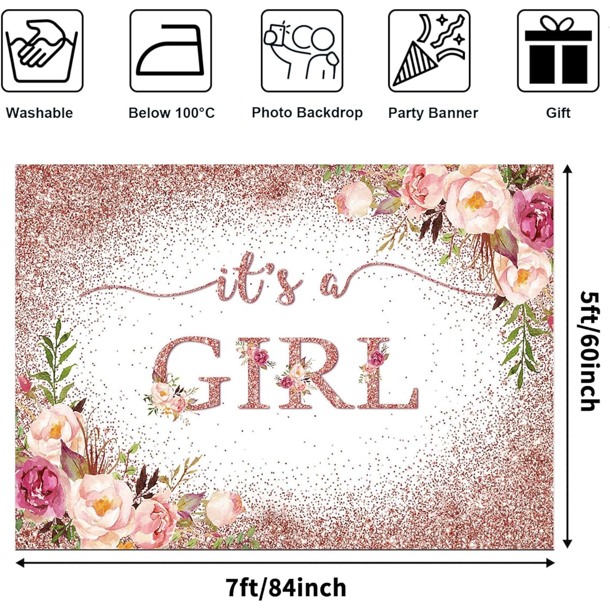 Avezano Rose Gold Baby Shower Backdrop Girls Party Blush Pink Floral It's a Girl Photo Background Glitter Confetti Decorations for Photo Shoot Event Banner (7x5ft)