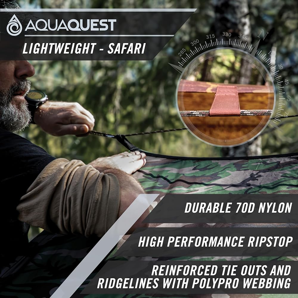 AQUAQUEST SAFARI Waterproof Camping Tarp - Lightweight Sunshade or Rainfly - Camping Essentials for Hiking, Backpacking and Hammocks