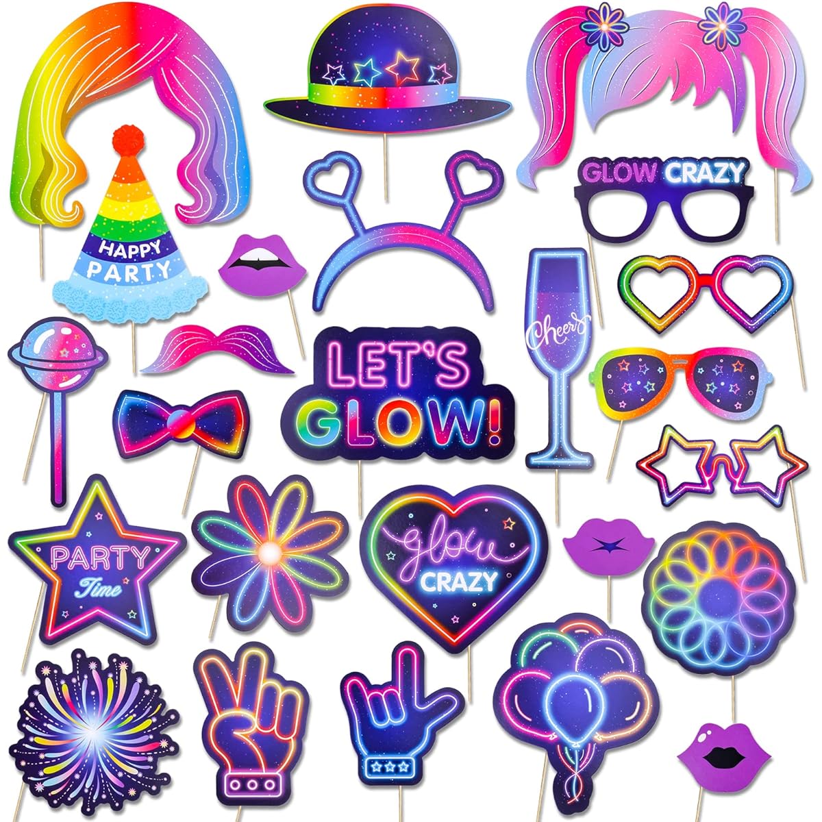 Qpout 25 Pieces Fluorescent Neon Party Photo Booth Props Neon Glow Party Colorful Lights Fluorescent Paper Selfie Props Pose Props for Glow Party Birthday Party Halloween Party
