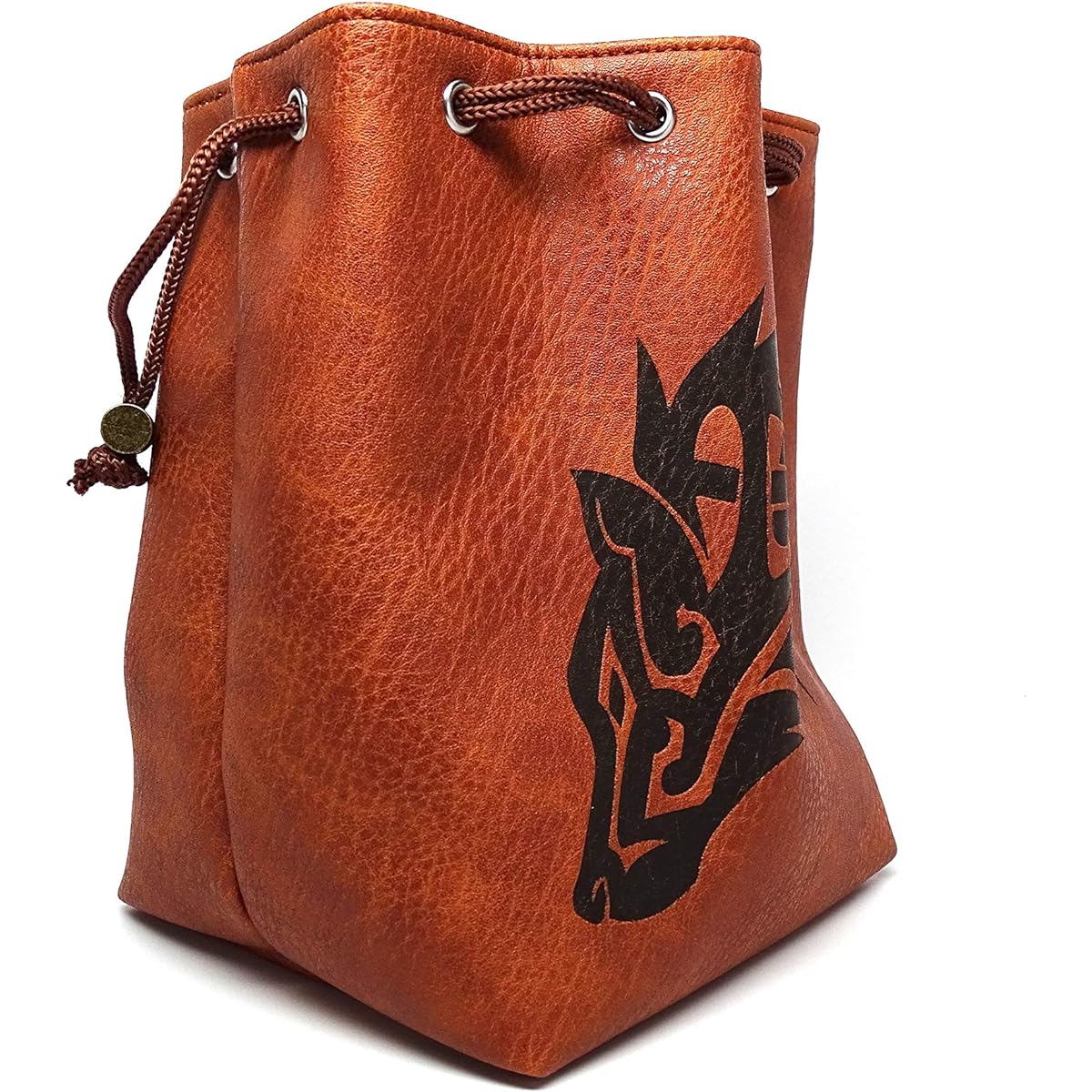 Brown Leather Lite Large Dice Bag Wolf Design - Brown Faux Leather Exterior Lined Interior - Stands up on its Own Holds 400 16mm Polyhedral Dice