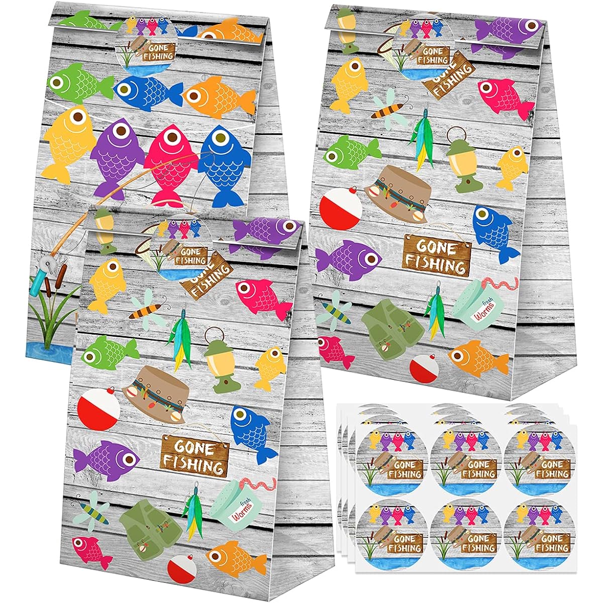 Fishing Party Favors Candy Bags with Stickers - Gone Fishing Goodie Gift Treat Bags - Fishing Themed Birthday Party Supplies