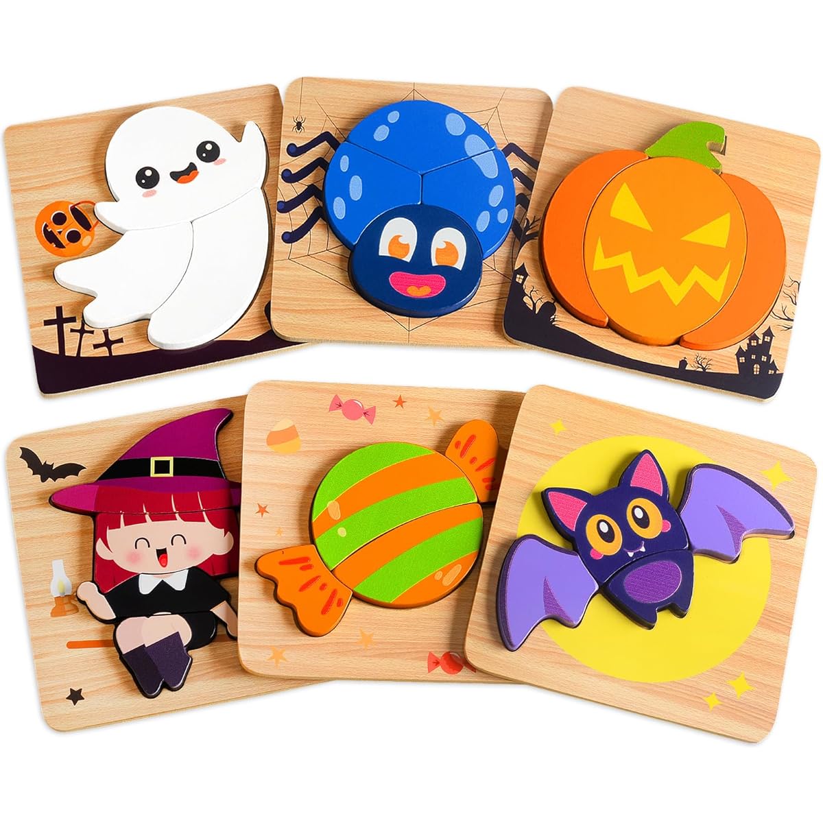 Halloween Toys Gifts for Kids Toddlers - 6 Pack Wooden Puzzle Pumpkin, Crayon, Ghost, Candy, Witch, Spider Designs Halloween Party Favors for Boys Girls Kids Preschool Class Exchange Gifts