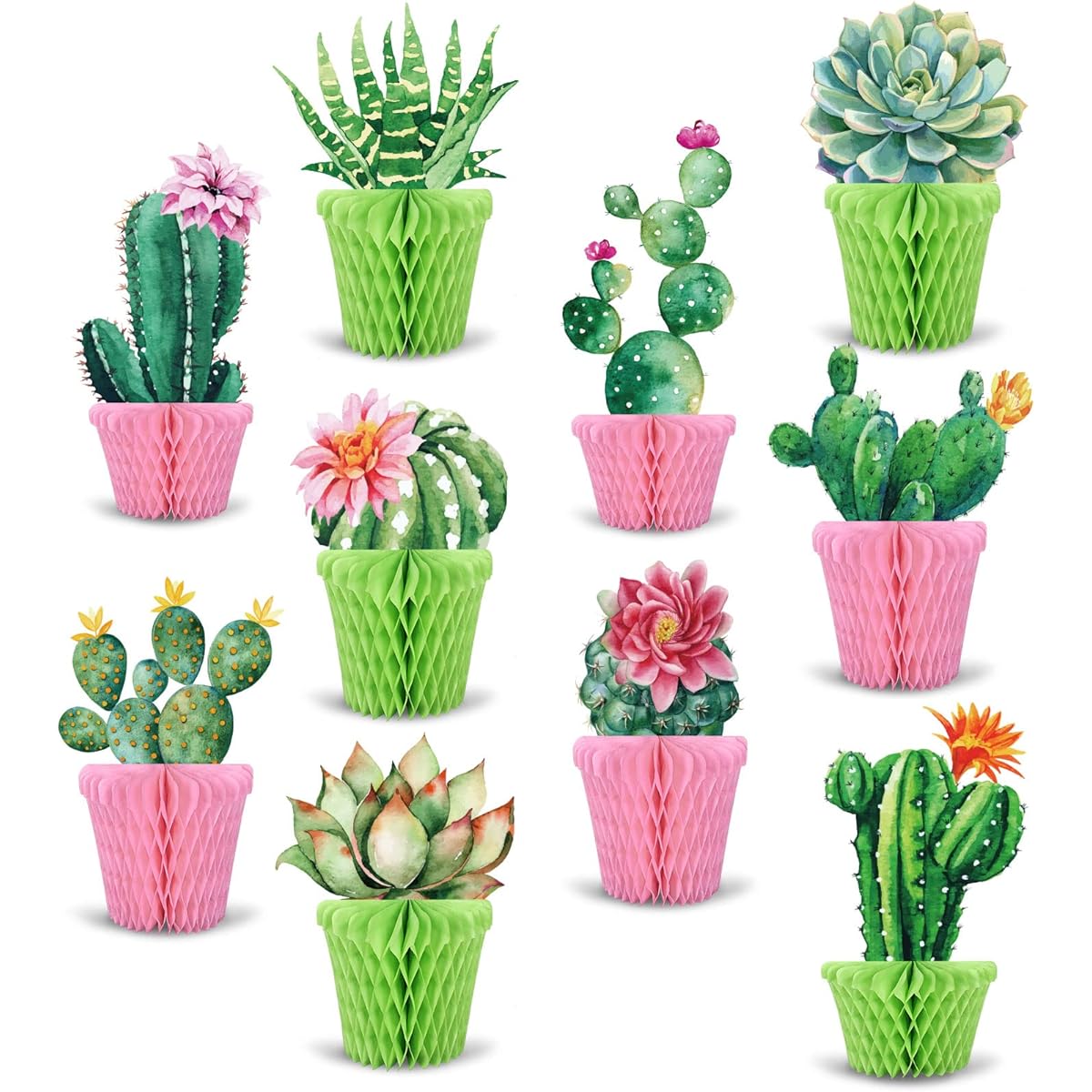 Whaline 10 Pieces Cactus Honeycomb Centerpiece Potted Succulent Paper Table Topper Green Pink Flower Pot Bloom Theme Summer Party Table Decorations for Birthday Hawaiian Luau Baby Shower Photoshoot