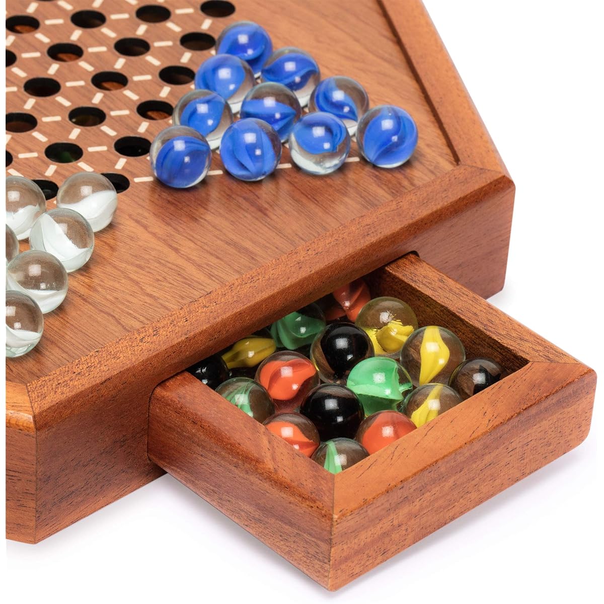 Wooden Chinese Checkers Halma Board Game Set - 12.7 Inch - Includes Drawer and Glass Marbles - Made by Yellow Mountain Imports