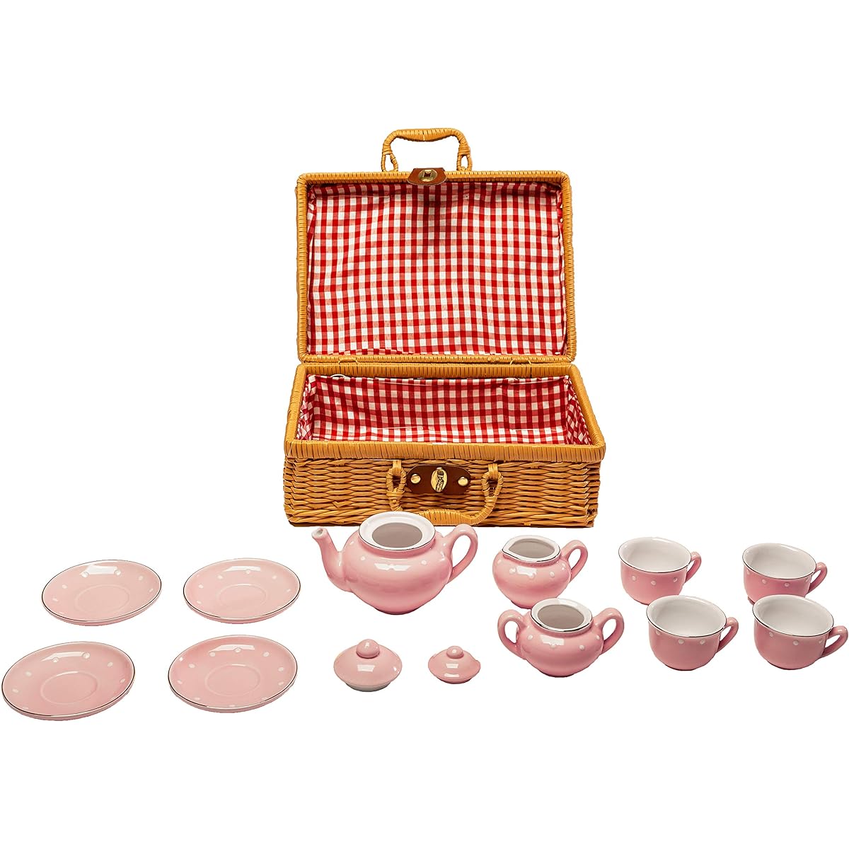 (pink) - MMP Living Children's 13 Piece Porcelain Play Tea Set with wicker style basket - Pink