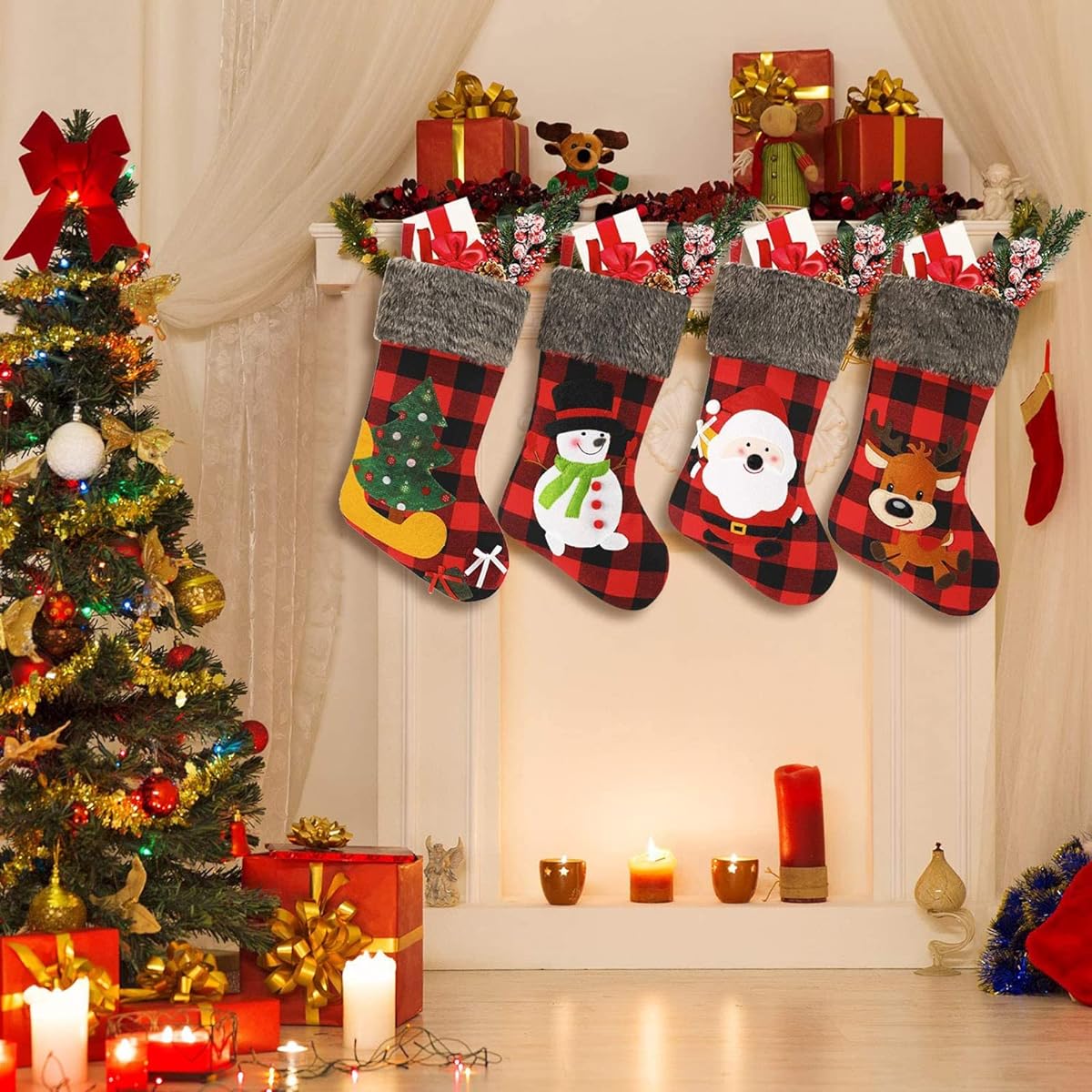 Skylety Christmas Plaid Stockings Long Faux Fur Stockings Christmas Fireplace Hanging Stockings for Christmas Tree Home Party Decoration Set of 4