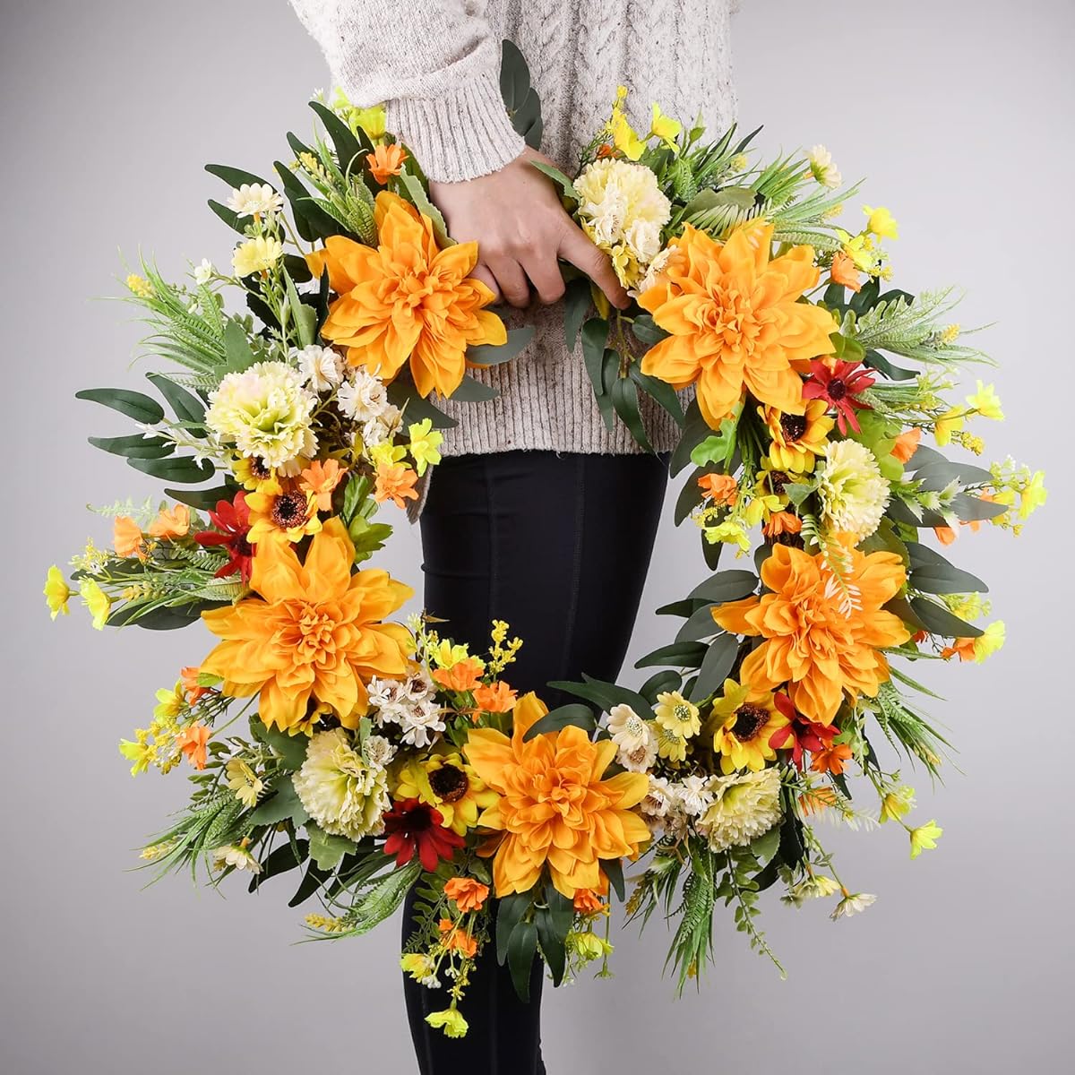 TechKen Spring/Summer Door Wreath, Dahlia Wreath, Blossom Yellow & Orange Farm Wreath, Grape Vine, Front Door, Wall, Window Wreath, 22.8-24.8 inches