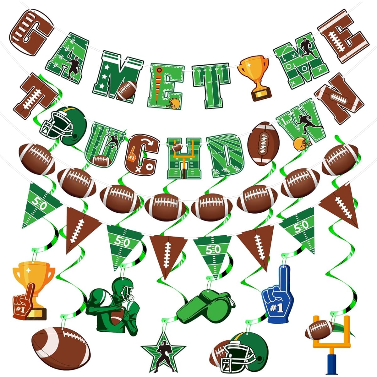 Football Hanging Swirl Decorations, Football Birthday Banner Supplies, Touchdown Game Time Pennant Banner with Hanging Spirals for Sports Tailgate Game Day Party