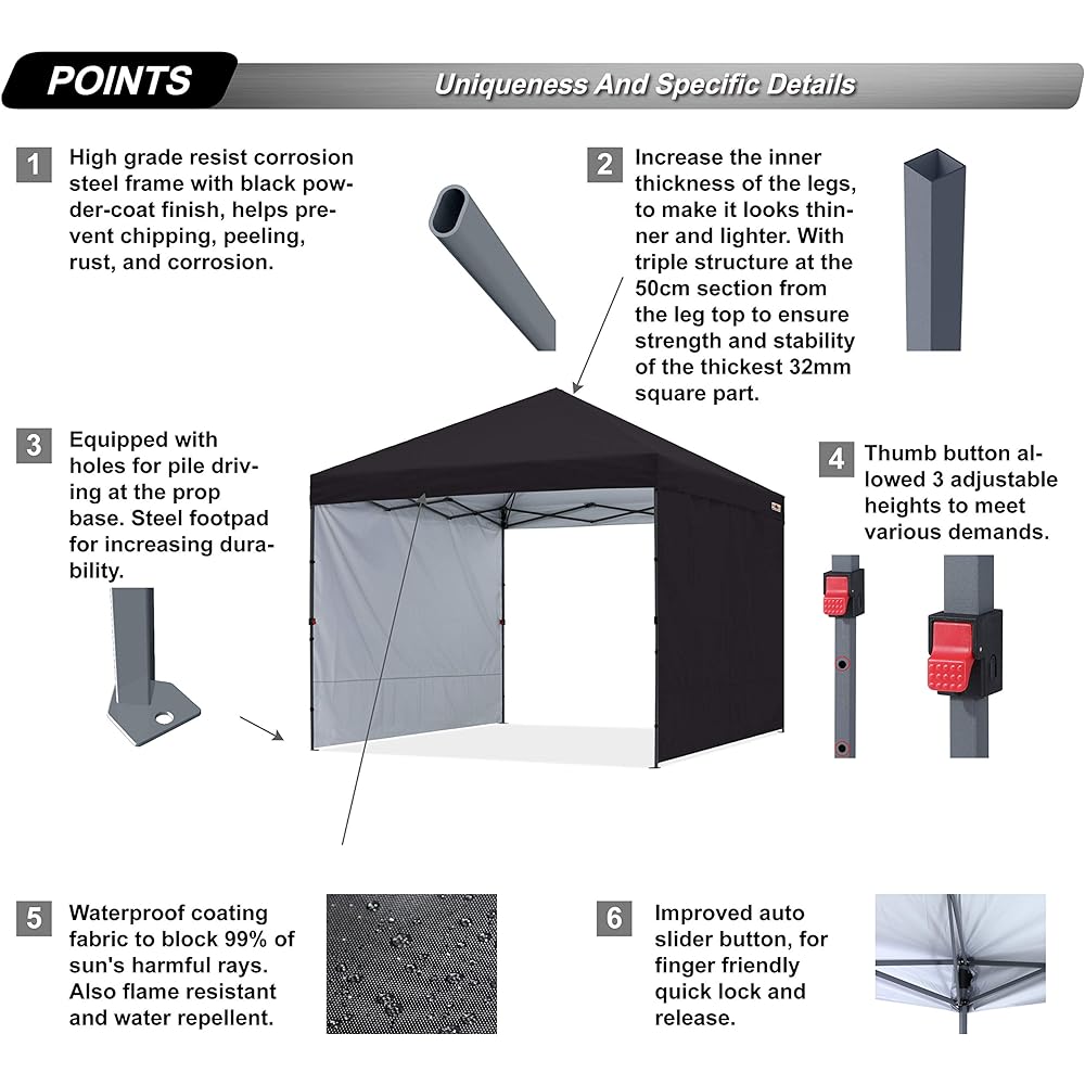 ABCCANOPY Tarp Tent One-Touch with 2 Side Sheets Center Lock 3m/2.5m/2m 3 Level Adjustment Includes Caster Bag Large Size for 8 People Easy to Assemble Accessories Included (2.5M/Black)