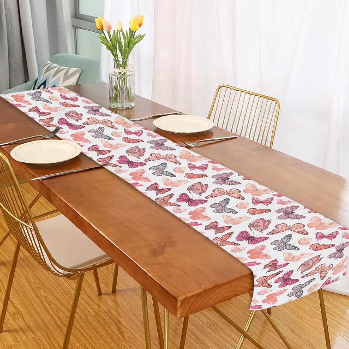 Colorful Butterfly Summer Table Runner 13x70 Flying Animals Spring Pink Table Decor Reusable Durable Everyday Use Machine Washable Double Sided Kitchen Spring Summer Home Party Wedding Holiday