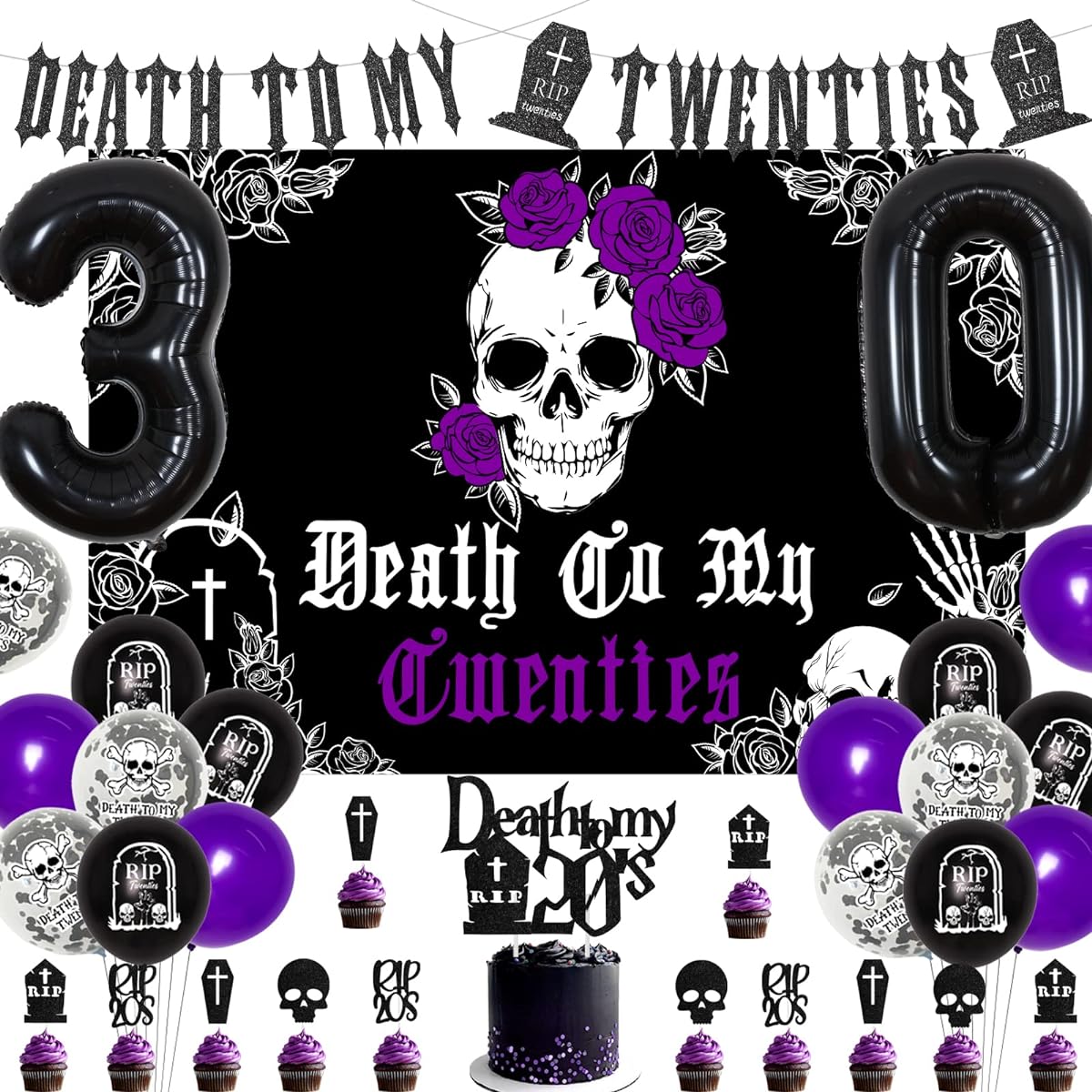 Death to My 20s Dirty 30 Birthday Decorations Rip to My 20s Birthday Decorations Black and Purple Balloons Number 30 Balloons Death to My 20s Banner Cake Topper Backdrop Cupcake Toppers