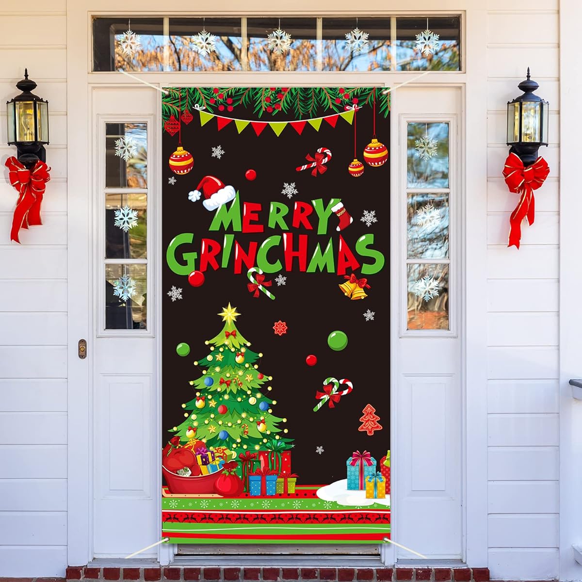 Merry Christmas Party Door Cover Decoration Christmas Door Banner Sign Winter Red and Green Xmas Photo Booth Backdrop Background Holiday Favors