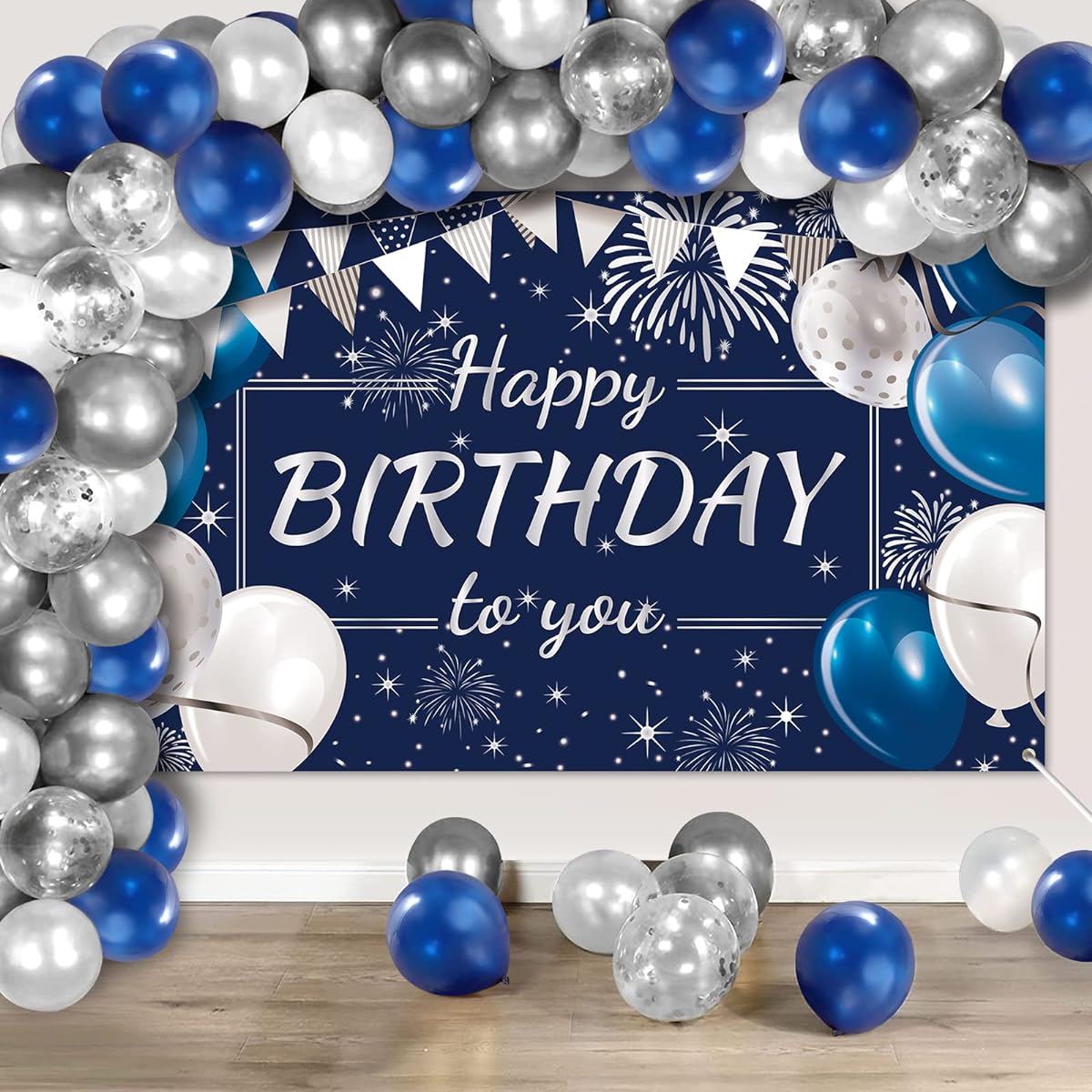Navy Blue Birthday Party Decorations 50 Pieces Blue Silver Balloons Happy Birthday Photography Background Banner Set for Boys Girls Men Women Birthday Party Decorations Supplies (Navy Blue and Silver)