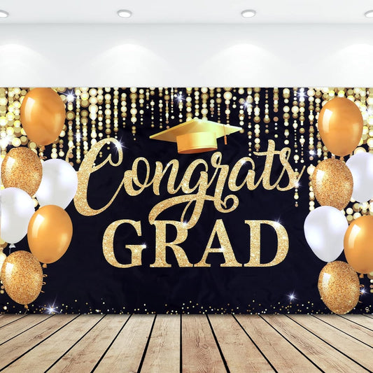 71 x 43 Inch Congrats Grad Backdrop Black and Gold Graduation Banner Graduation Celebration 2023 Decorations Graduation Celebration Prom Decorations Photography Background Graduation Party Supplies