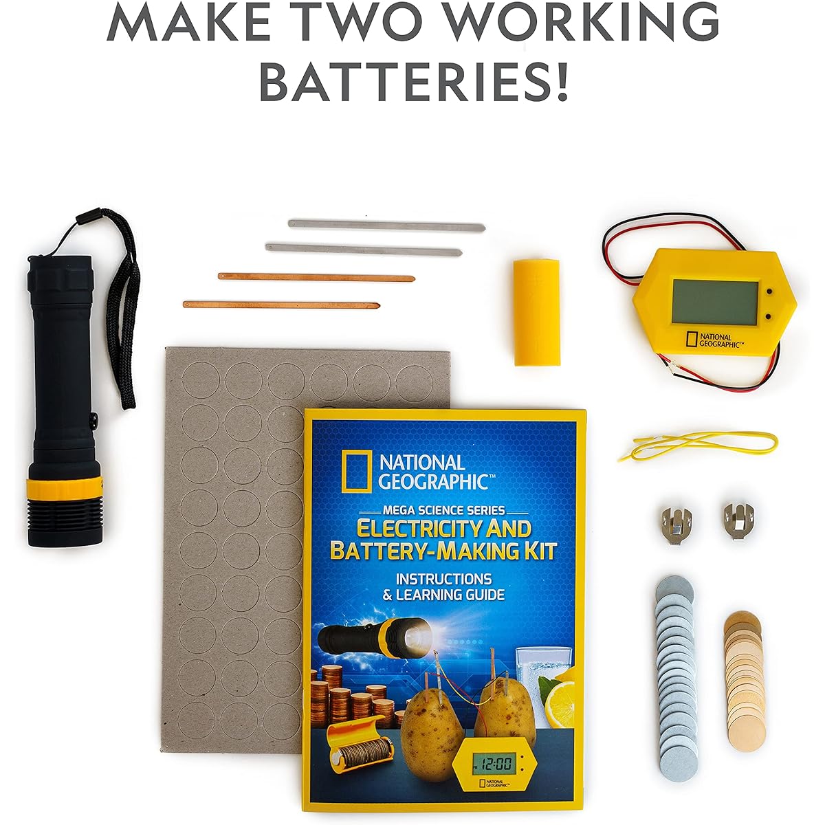NATIONAL GEOGRAPHIC Battery Building Kit - Potato Clock Penny Powered Flashlight Science Kit with 2 STEM Electrical Projects, Great for Girls and Boys, Science Projects to Teach Kids Circuits