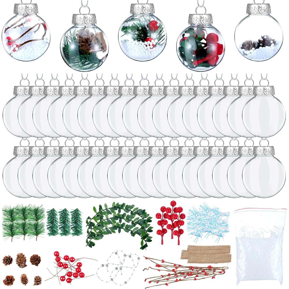 Syhood 111pcs Christmas Clear Plastic Fillable Ornament Balls Set, 24 DIY Fillable Christmas Ornament Balls, 87 Mini Christmas Ornaments DIY Crafts Christmas Tree Decorations
