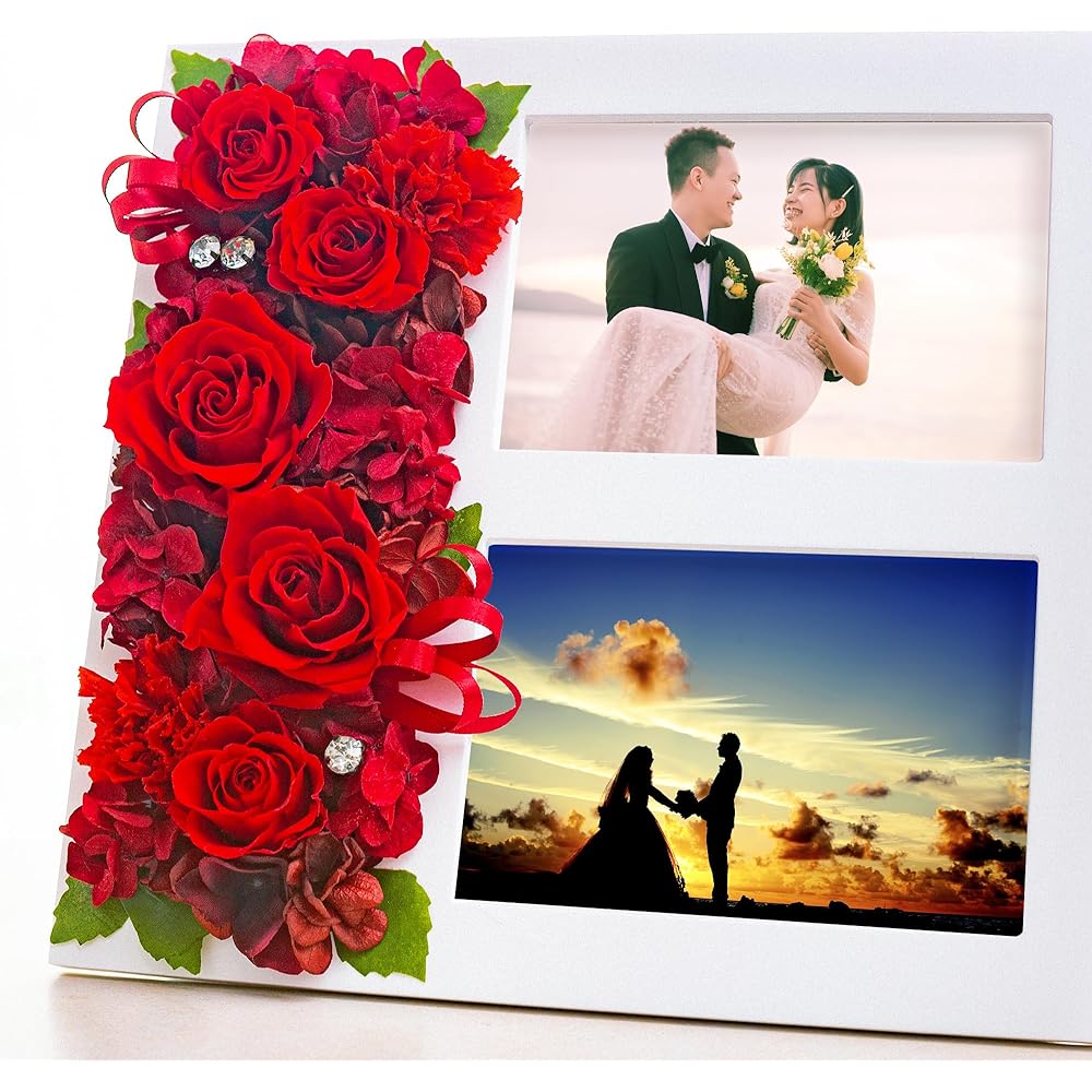 Photo Frame, Preserved Flower Photo Frame, Multiple Pictures, Stylish, Mother's Day, Wedding Gift, Birthday Present, Gift, Wedding Anniversary, Wife, Flowers 22.5cm x 23cm, L version, 2 pieces (Diamond Rose Red)