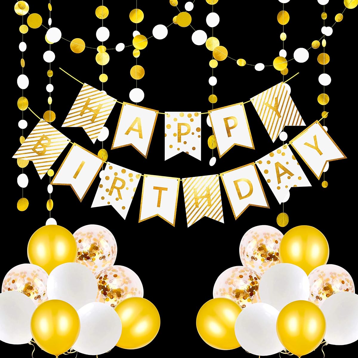 Gold and White Happy Birthday Sign Pennant Bunting Banner Golden Birthday Party Decorations Kit with Paper Circle Dot Garland Streamers and Balloons for Adults/Kids/Birthday Party Decorations Supplies