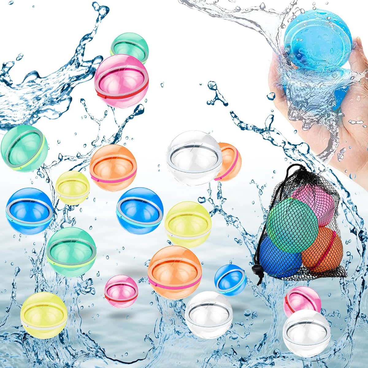 WELTRE Magnetic Reusable Water Balloons Quick Fill Self Seal 18pcs Silicone Water Balls for Pool Beach Backyard Water Play Kids Toddlers Adults Outdoor Reusable Water Bomb Splash Ball Toys