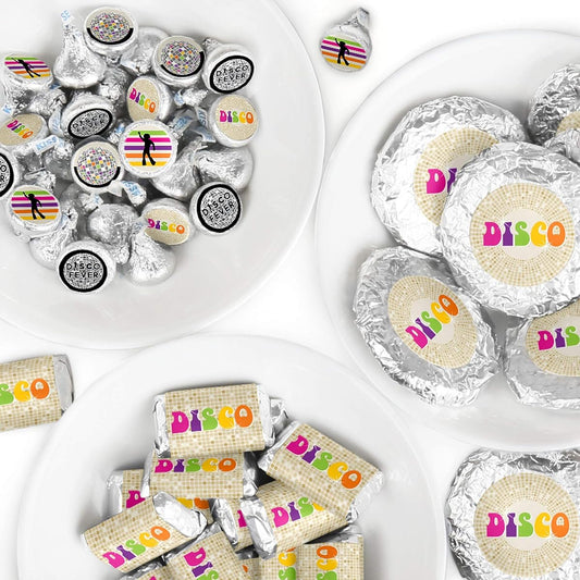 70's Disco - Mini Candy Burlap, Round Candy Stickers and Circle Stickers - 1970s Disco Fever Party Candy Favors Sticker Kit - 304 Pieces