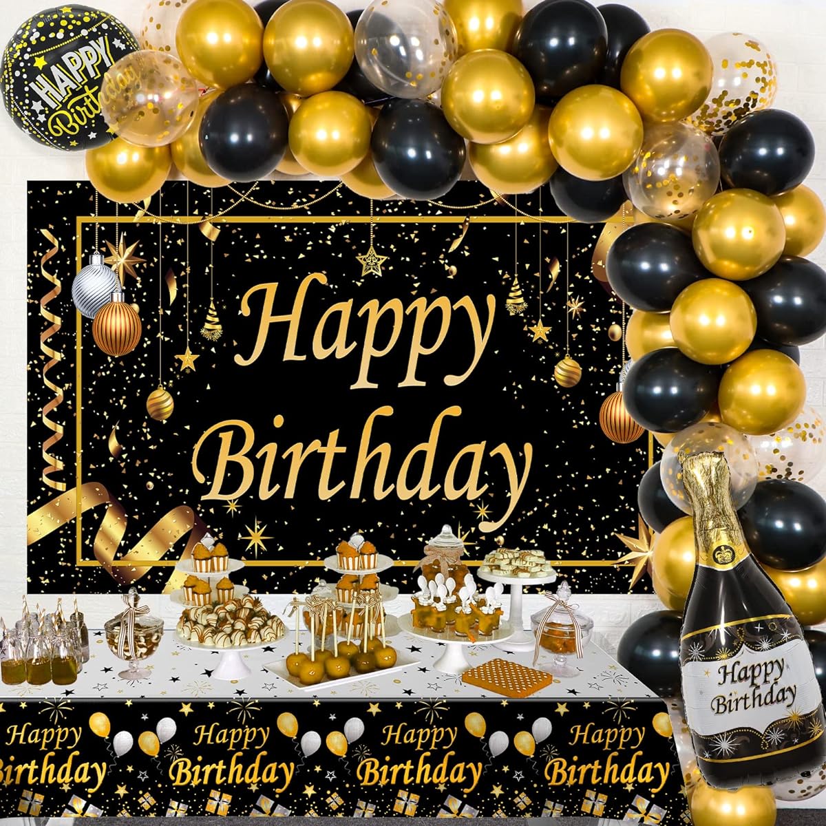 Birthday Decorations for Men and Women Black Gold Happy Birthday Decorations Backdrop & Tablecloth Confetti Balloons Arch Kit Birthday Party Supplies Beer Birthday Decor with Table Cover 40th 50th