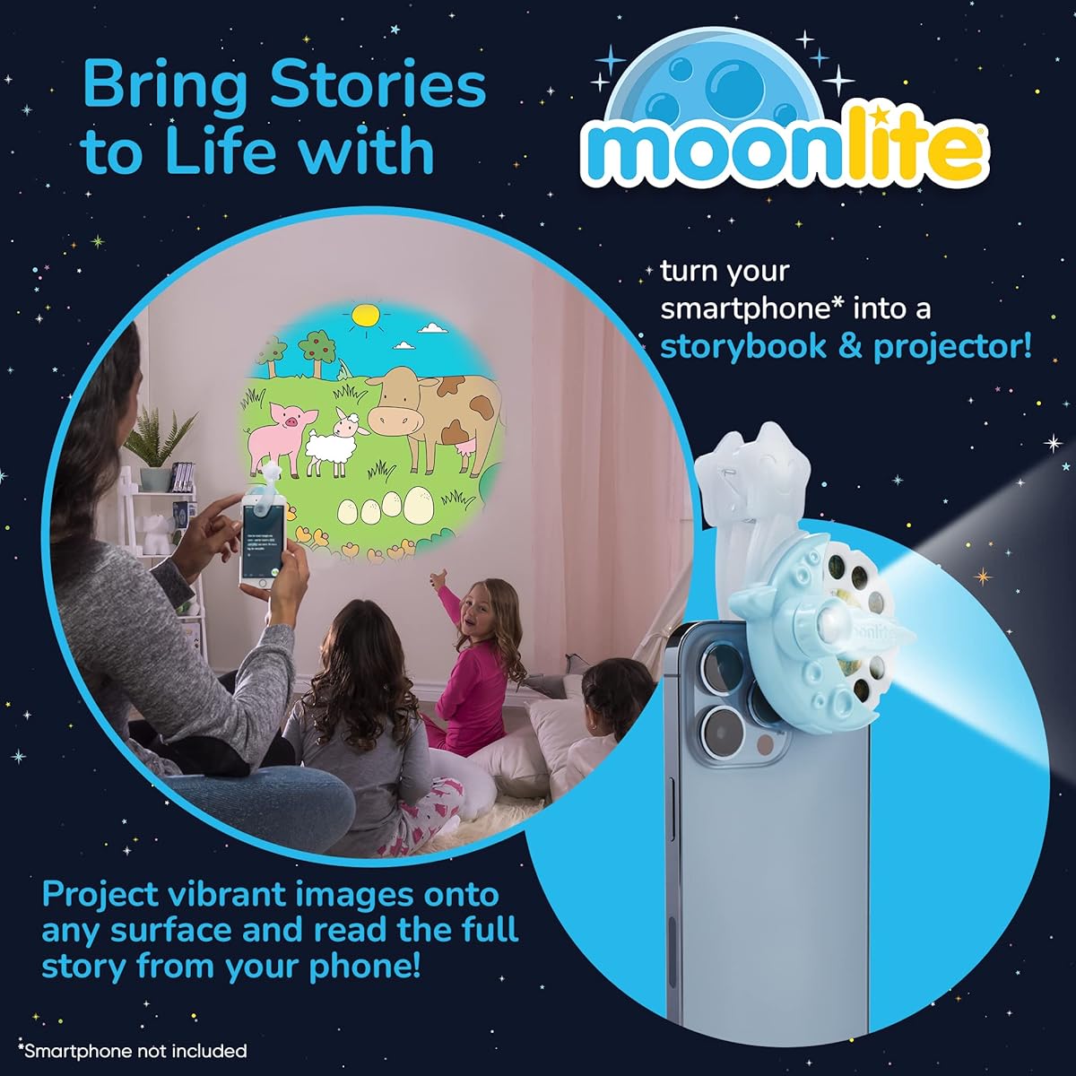 Moonlite Storytime Mini Projector, 4 Fairy Tale Stories, The Magical Way to Read Together, Digital Storybook, Fun Sound Effects, Learning Toy, Ages 1+