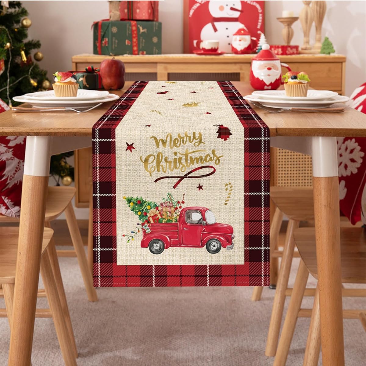 Bonhause Merry Christmas Red Truck Table Runner 13x90 Inch Buffalo Check Christmas Tree Seasonal Winter Holiday Kitchen Dining Table Decor Indoor Outdoor Home Party Decor