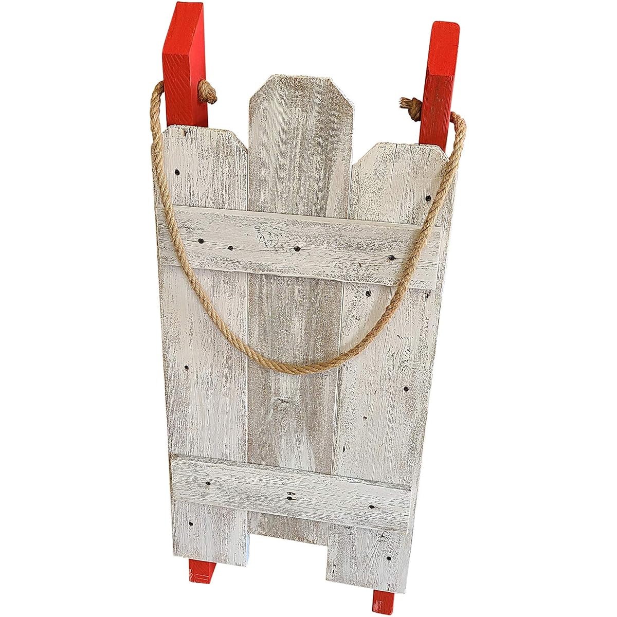 Rustic Wooden Sleigh for Christmas - Holiday Porch Decor - Hand Painted Made of Reclaimed Wood (White-Red)