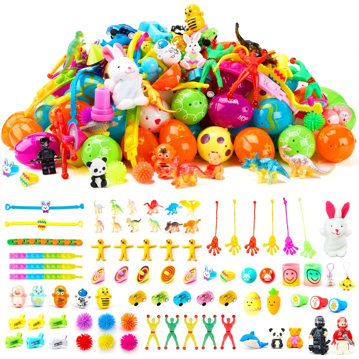 Minetom 80pcs Colorful Plastic Prefilled Easter Eggs with Toys, Easter Basket Stuffers, Easter Egg Hunt Supplies, Easter Party Favors, Easter Gifts for Kids
