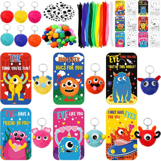 30 Pack DIY Valentine's Day Craft Kit Valentine Gift Card with Pom Poms and Keychain Valentine Pipe Cleaner Googly Eye Craft Set for Kids Classroom Replacement Gift for School Prize Party Favor