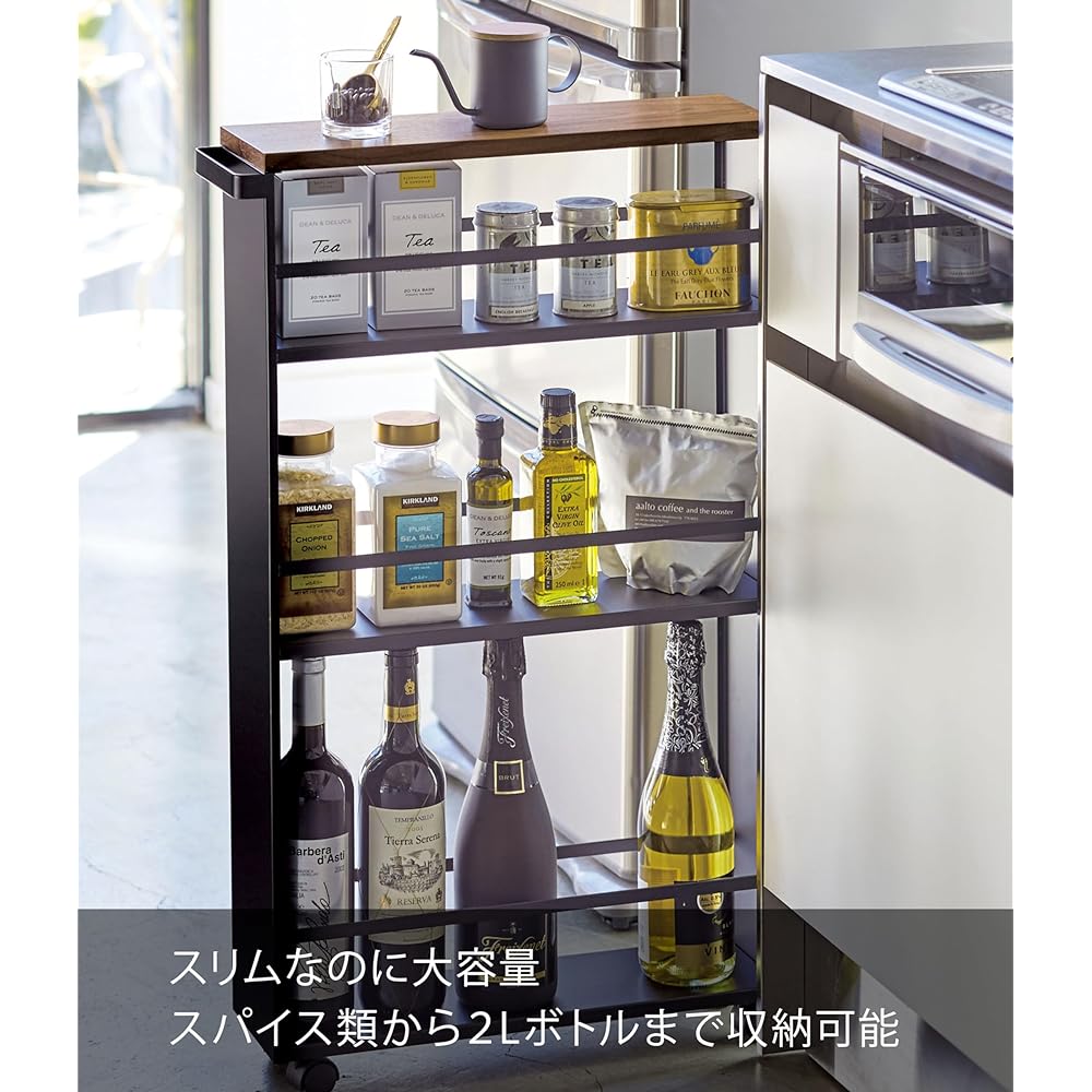 Yamazaki Jitsugyo Slim Wagon with Handle Black Approx. W13 x D47.5 x H80.5cm Tower Tower [Complete Product: Casters Only Installed] Kitchen Wagon 3628