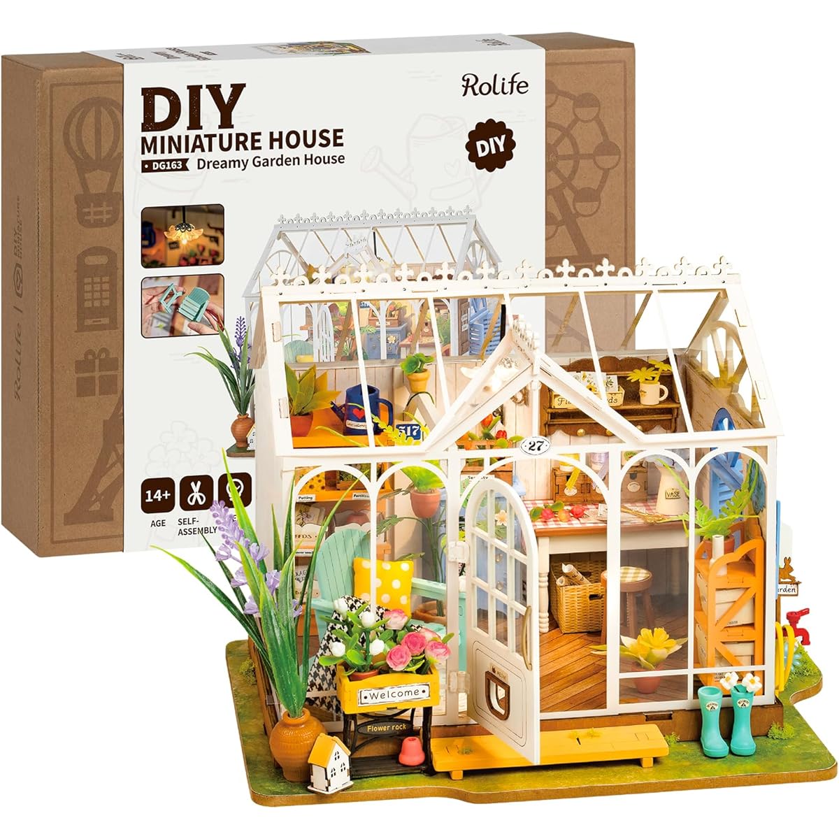Kit Dollhouse Dreamy Garden House Mediterranean Style DIY Handmade Kit Assembly Wooden Puzzle Woodcraft Illustrated Instruction Manual Included Official Sales For Kids and Adults Interior Accessories Home Decor Time Killer Birthday Gift Christmas Present