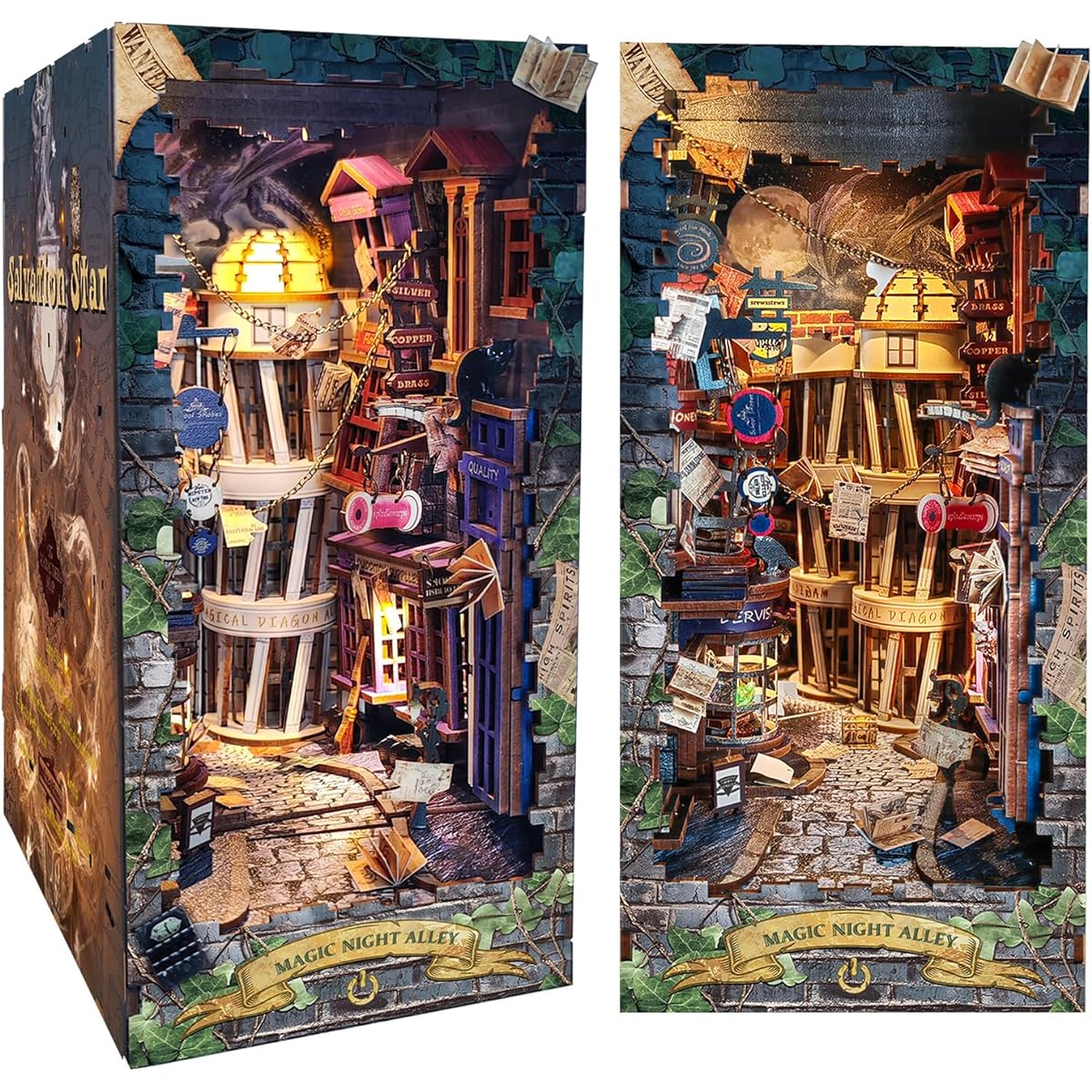 Roroom DIY Book Nook Kit DIY Dollhouse Bookshelf Insert Decorative Array 3D Wooden Puzzle with LED Lights Book Nook Bookshelf Inserts Wooden Bookends Model Building (Dragon)