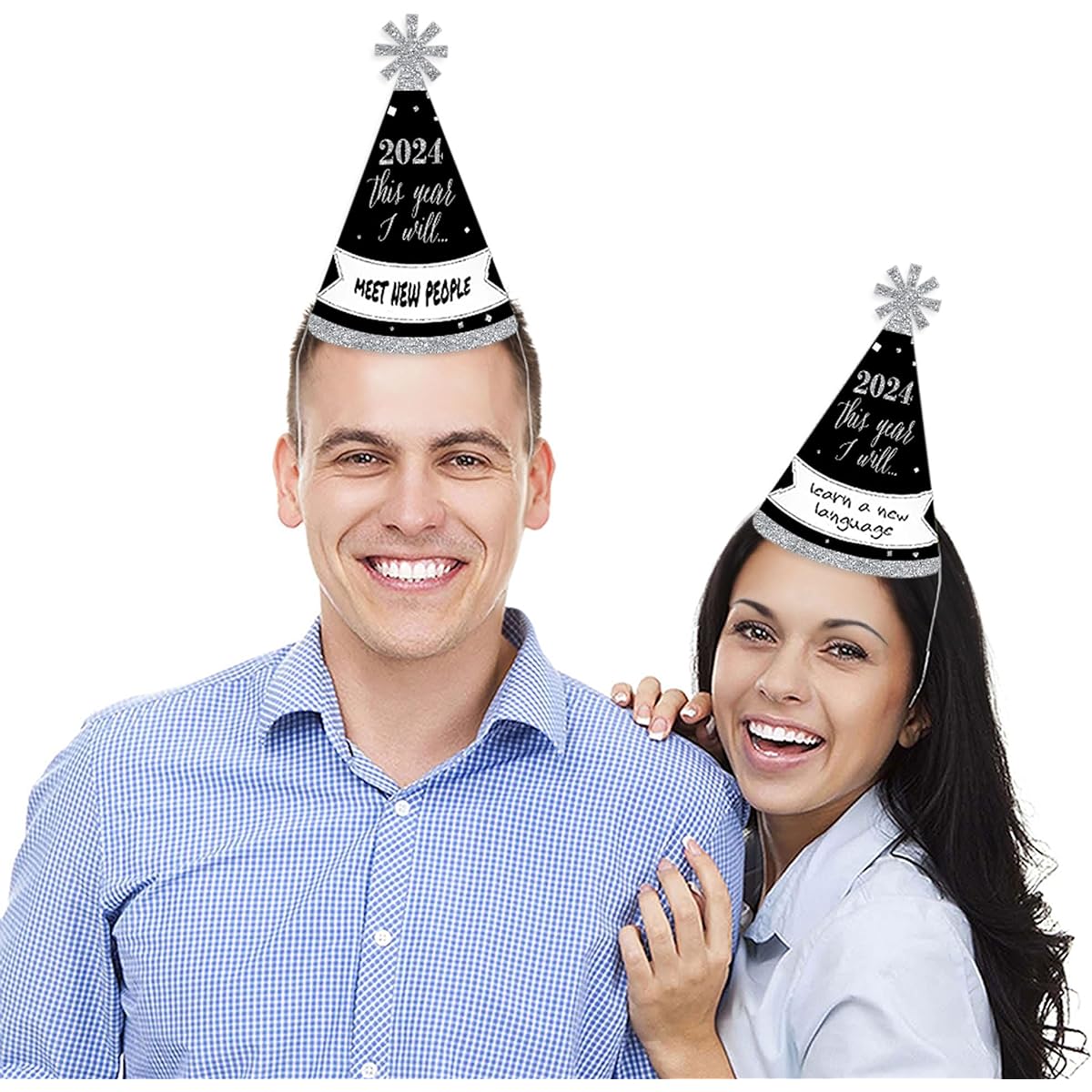 New Year's Eve - Silver - 2018 Conical New Years Eve Resolution Party Hats Kids and Adults Set - 8 (Standard Size)