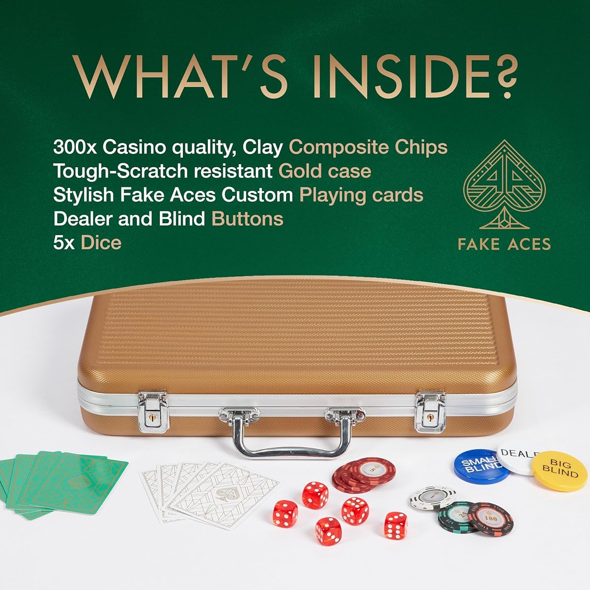 Faux ACES-300 Piece 14 Gram Clay Composite Poker Chip Set with Case, Premium Playing Cards, 5X Dice, Casino Quality Poker Chips with Denomination Numbers, Texas Hold'em Poker Set, Casino Games
