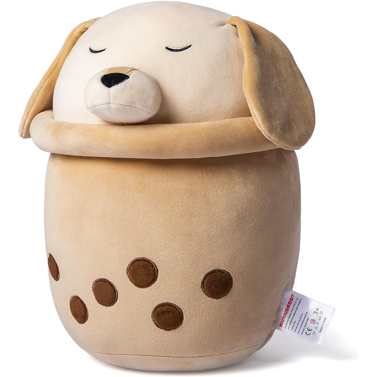 NiuniuDaddy Boba Plush Toy with Dog Face 13.7 Inch Large Brown Cream Bubble Tea Stuffed Animal for Boys Soft Cute Milk Tea Cup Kids Plush Toy Machine Washable