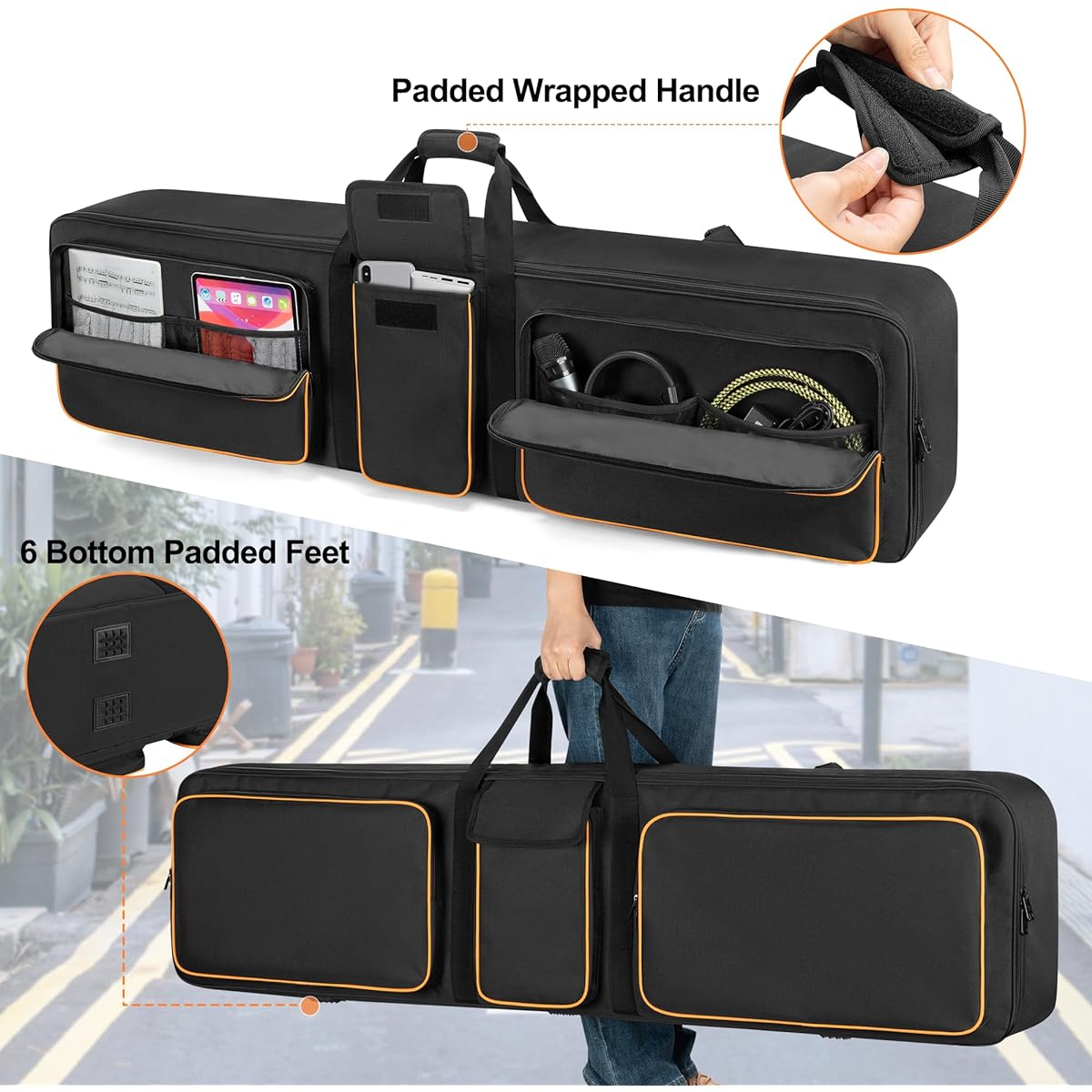 GRAOSO Padded 88 Key Keyboard Case, Soft Piano Bag with Padded Handle and Detachable Shoulder Strap, Travel Keyboard Gig Bag with 6' Bottom and 3 Front Pockets for Cables, Sheet Music, Black, Black///White