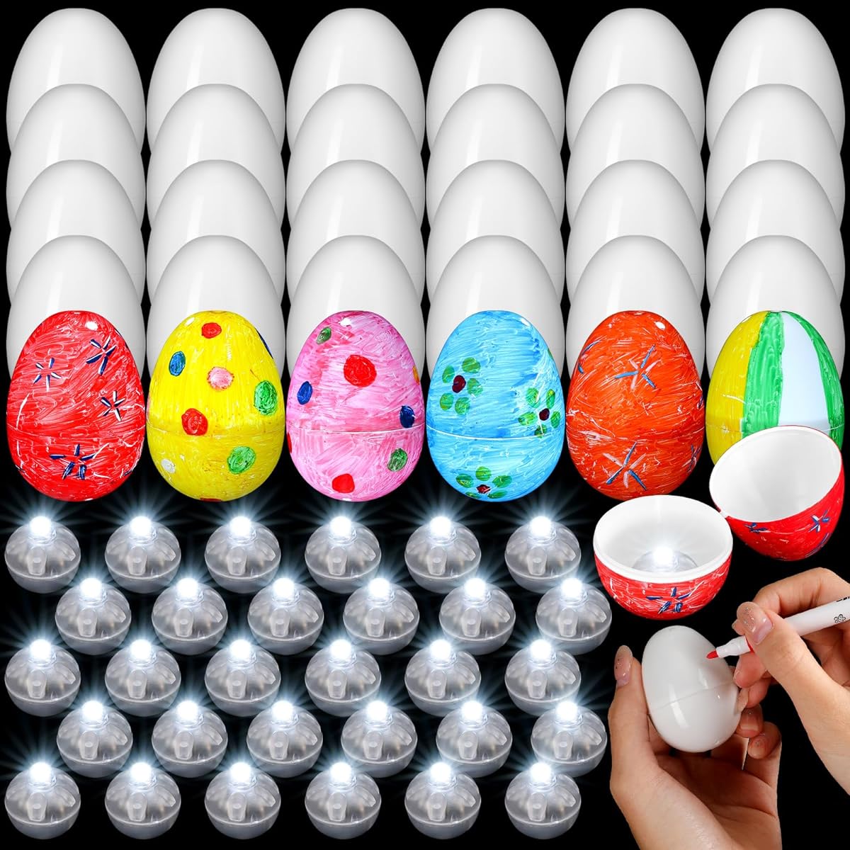 Syhood 60pcs Light Up Blank Easter Eggs, 60pcs DIY Prefilled Plastic Easter Eggs with 60 Glow Balls, Mini Plastic Egg Containers for Easter Egg Hunting, Candy Holders, Classroom Games, Gift Decorations for Kids