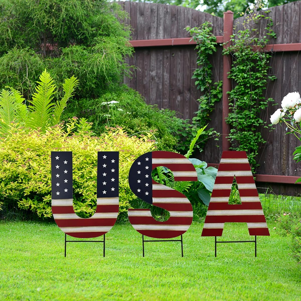 Metal USA Yard Sign Patriotic Garden Stake 4th of July Outdoor Decor Lawn Stakes Star Decoration American Flag Letter Set for Independence Day Memorial Day Party