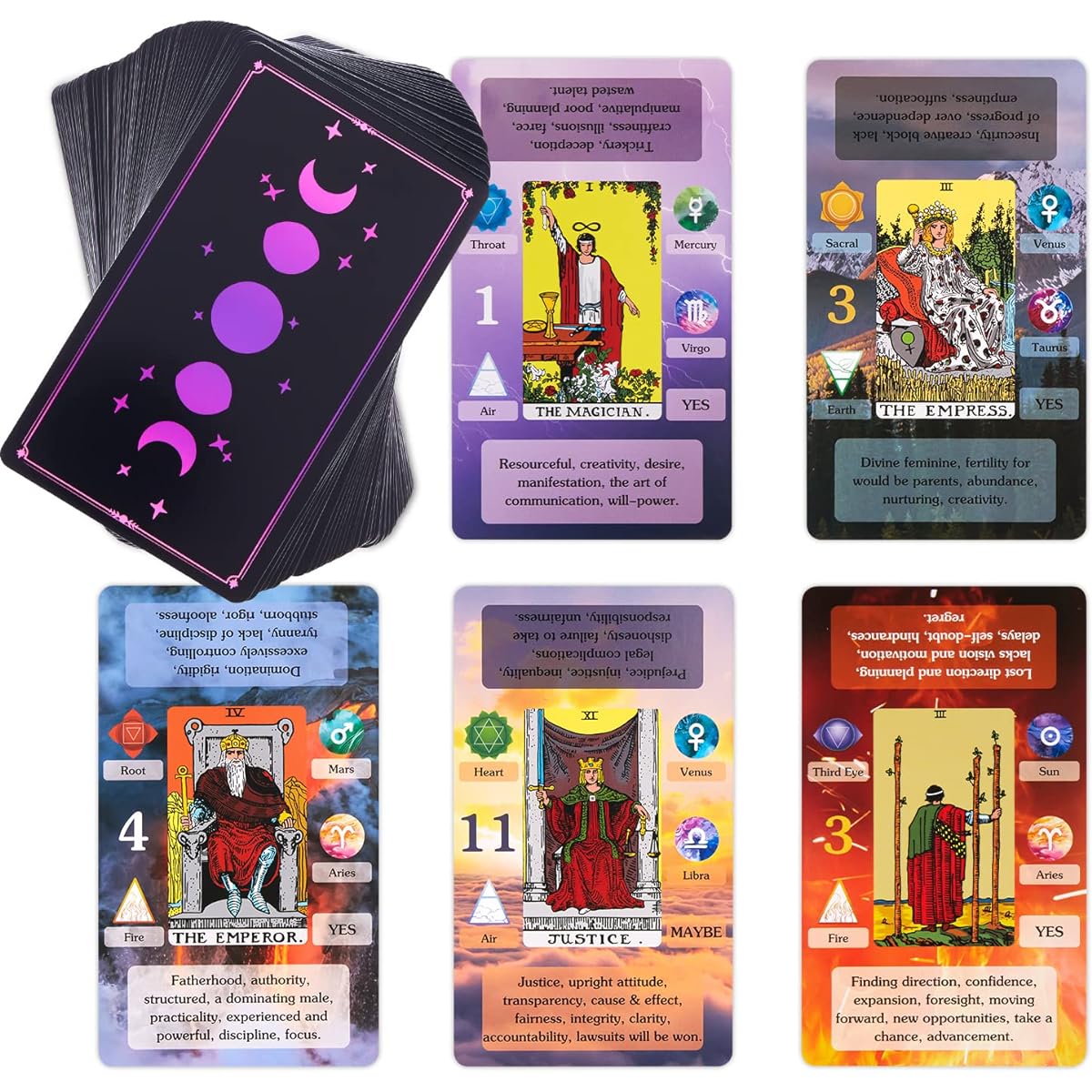 BWTY Tarot Card Set with Guidebook and 7 Chakra Cards, Beginner Learning Tarot Card Deck, Meanings, Keywords, Astrology (Planets, Stars, Zodiac Signs), Presence, Absence, Elements, Numerology